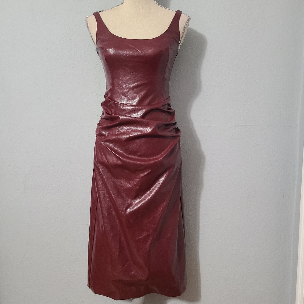 Meshki Sonia Faux Leather‎ Midi Dress Cherry Red NWT XS